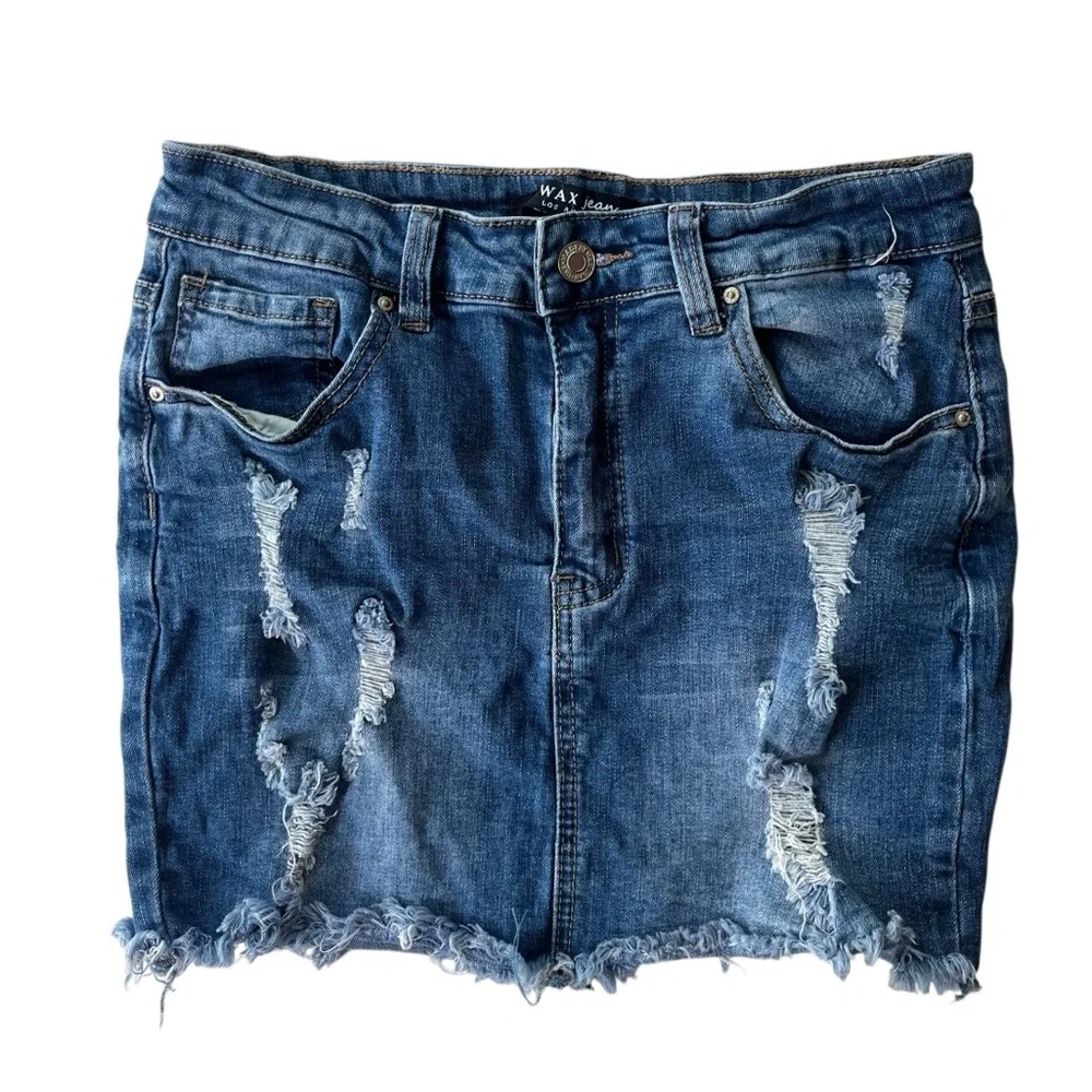 Wax Jean Women’s M Medium Wash Distressed Raw Hem Hi-Rise Mini Jean Skirt #90114